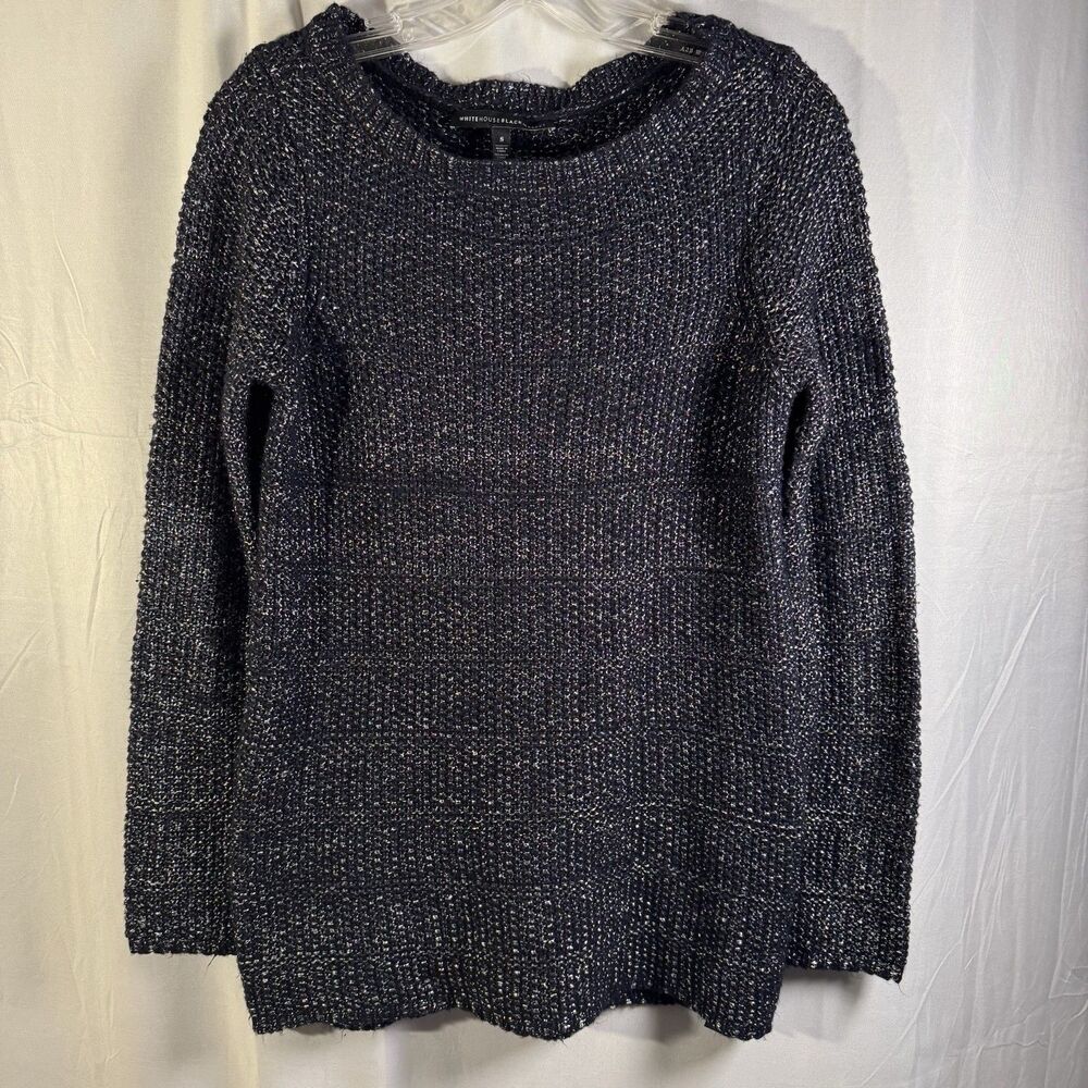 White House Black Market Navy Metalic Knit Sweater Women’s Size S Long Sleeve